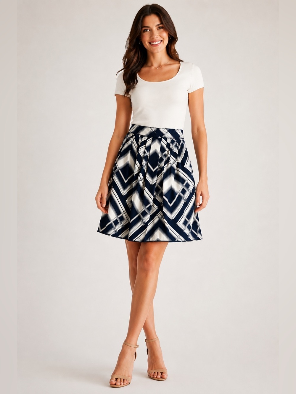 Talbots Petites Navy & White Geometric A-Line Cotton Skirt Size 12 | Lined Midi